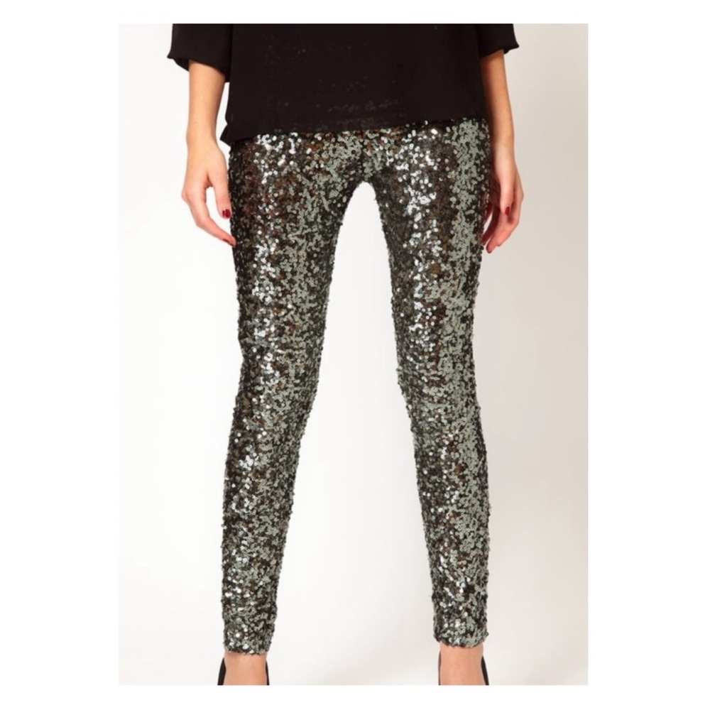 French Connection Green Sequin Lined Leggings Pan… - image 2